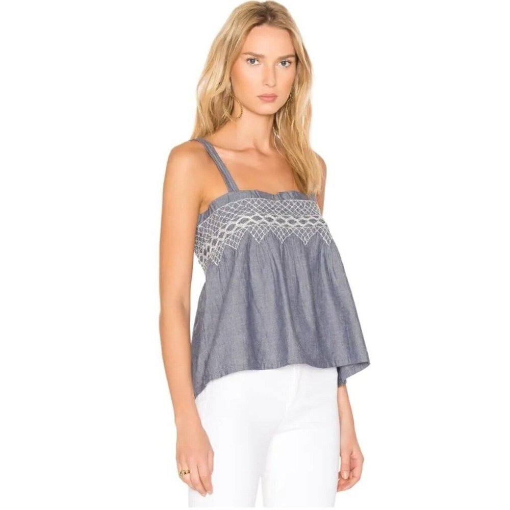 Current/Elliot Women's Chambray Smocked Embroidered Tank Top Blue White Sz 1, Sm